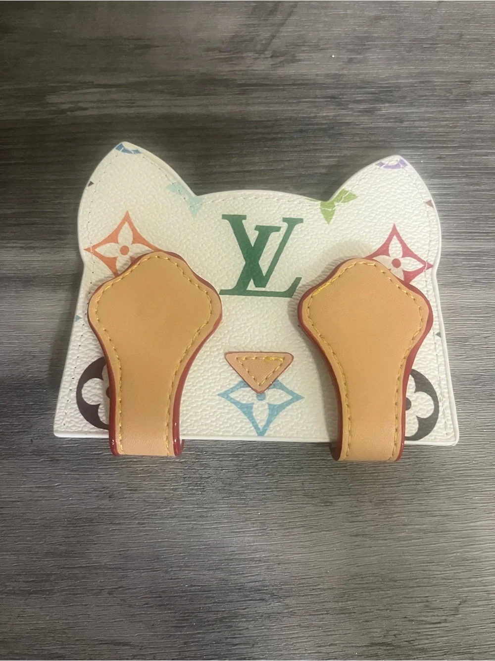 White Multicolor Monogram Cat-Ear Card Holder with Tan Accents